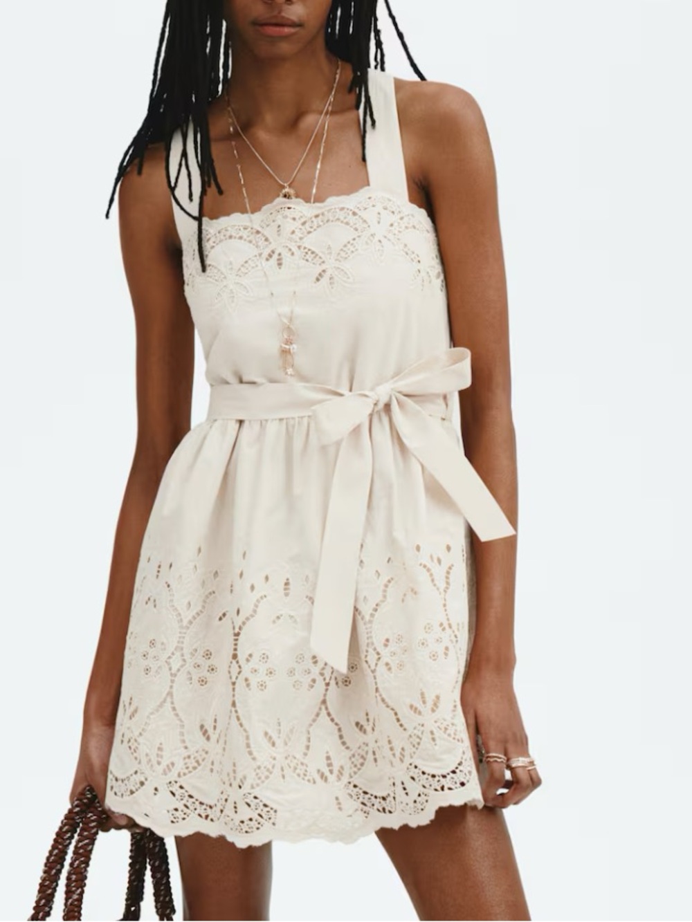 Sleeveless Cream Eyelet Lace Mini Dress with Waist Tie
